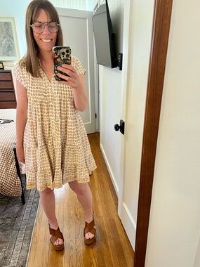 Button-Front Cream and Yellow Printed Tiered Mini Dress